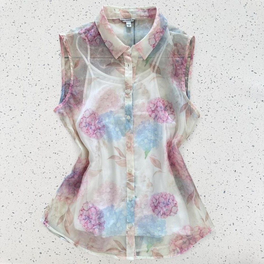 Guess Kids Girls Floral Hydrangea Sheer Sleeveless‎ Blouse White Pink Size 16